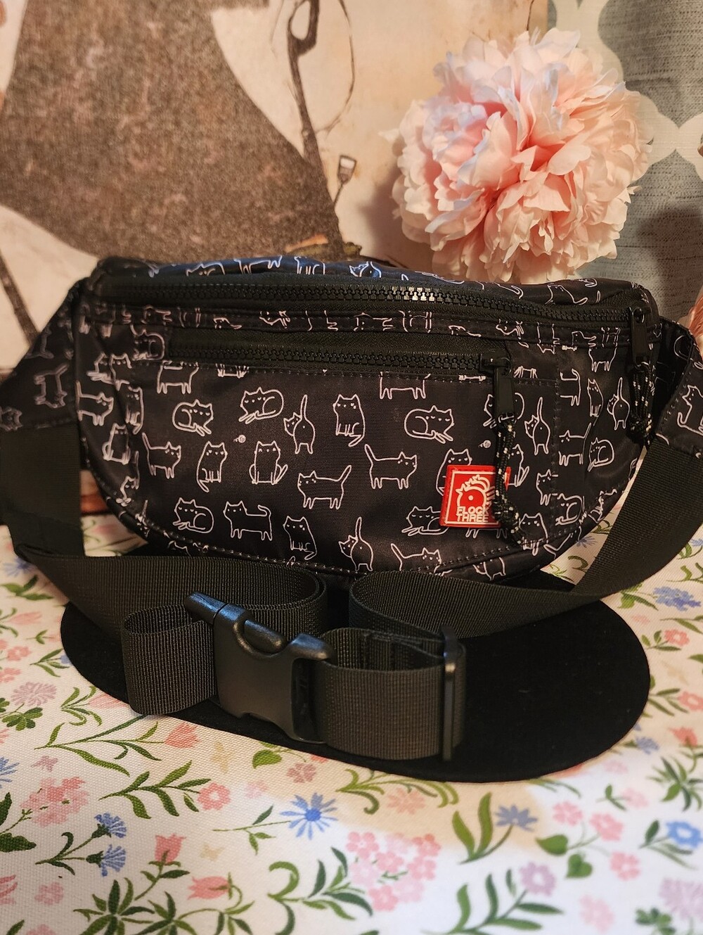 Flock Three Black Cat Print Fanny Pack Bag.
